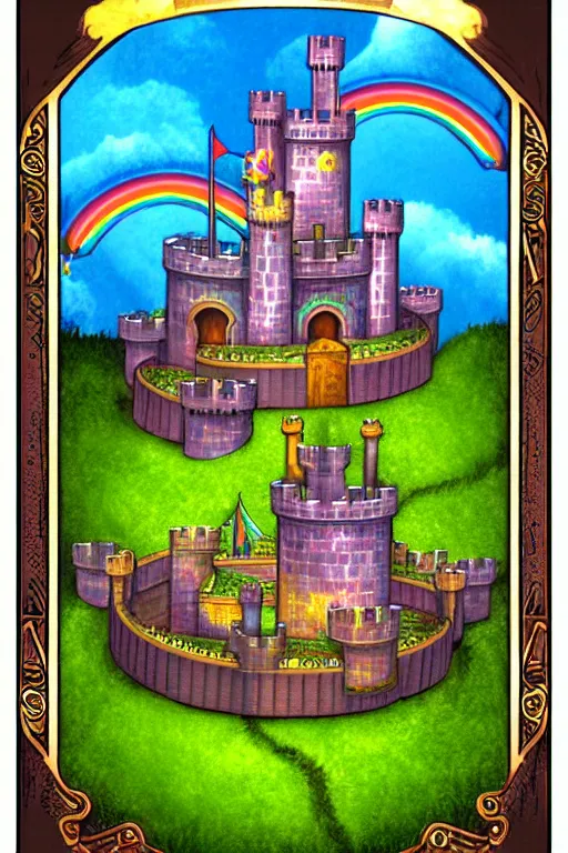 Prompt: dominion eurogame card showing a rainbow castle with a moat. fantasy deviantart