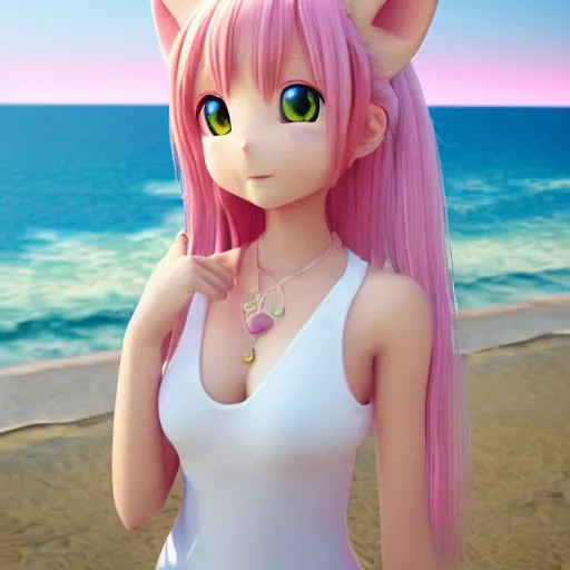 Prompt: Render of a beautiful 3d anime cat, long pink hair, hazel eyes, cute freckles, full round face, soft smile, cute sundress, golden hour, serene beach setting, medium shot, mid-shot, hyperdetailed, trending on Artstation, Unreal Engine 4k