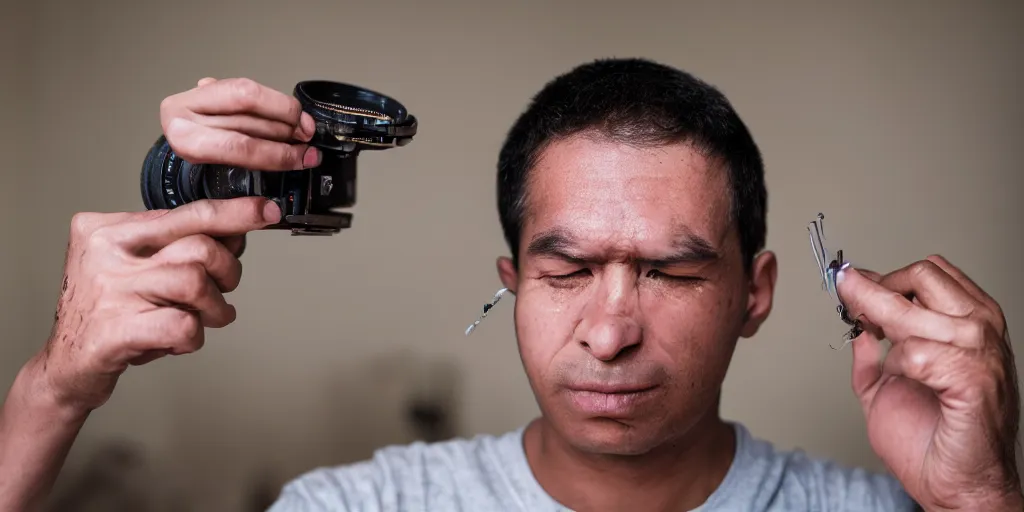 Image similar to dslr a man removing a nail from his third eye, 5 0 mm f 1. 8