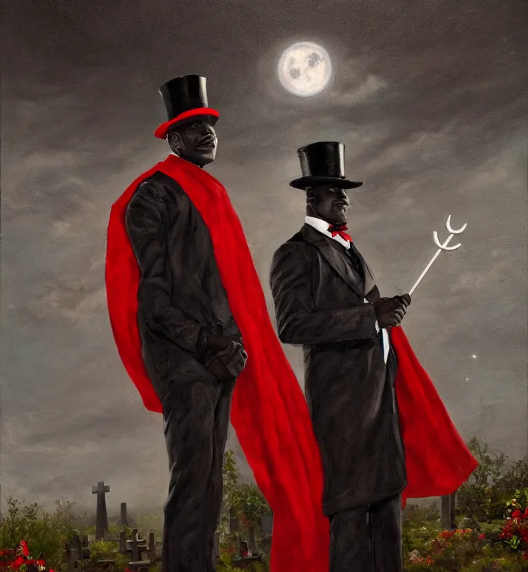 Image similar to a realistic oil painting of a black man in a cemetery at night wearing a top hat that hides his face and a black and red cape while holding a trident, digital art, realistic, detailed, moonlight.