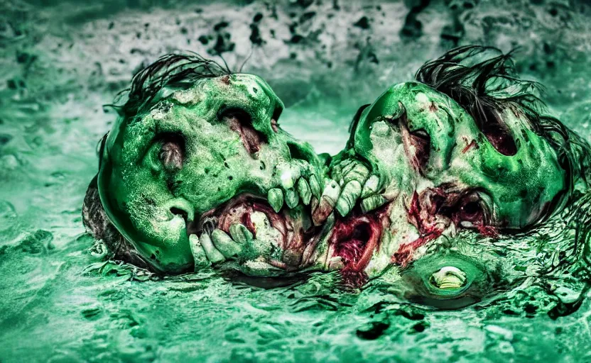 Prompt: zombie animals, beautiful green liquid, green oozing pool pit, cinematic lighting, various refining methods, micro macro autofocus, ultra definition, award winning photo