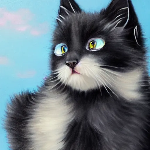 Image similar to hybrid animal cross between cute fluffy black kitten and cute fluffy bat detailed painting 4 k