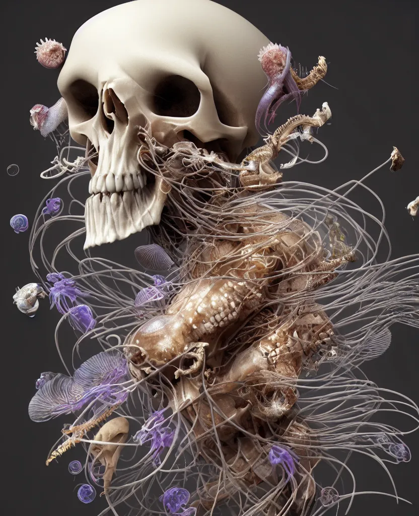 Image similar to goddess close-up portrait ram skull, thorax, x-ray, backbone, jellyfish phoenix head, nautilus, orchid, skull, betta fish, bioluminiscent creatures, intricate artwork by Tooth Wu and wlop and beeple. octane render, trending on artstation, greg rutkowski very coherent symmetrical artwork. cinematic, hyper realism, high detail, octane render, 8k