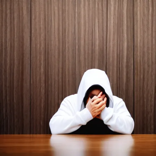 Image similar to guy in white hoodie sitting alone at a wooden table. black background