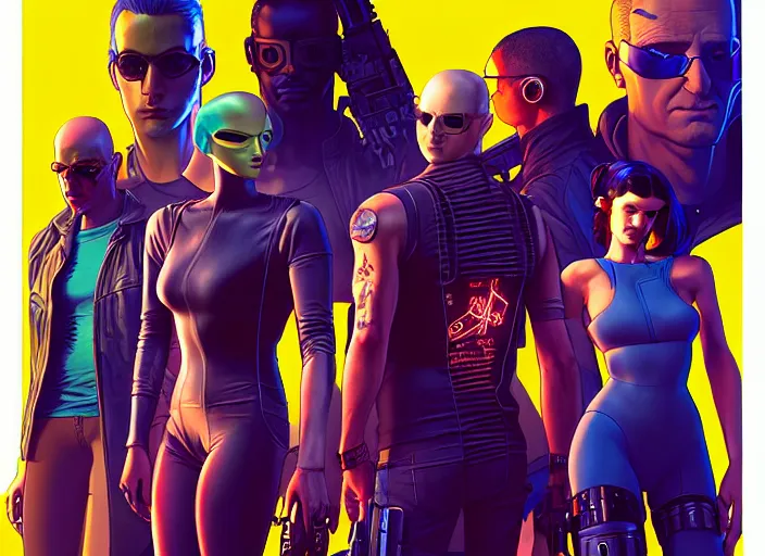 Image similar to cyberpunk hacker crew. portrait by stonehouse and mœbius and will eisner and gil elvgren and pixar. character design. realistic proportions. cyberpunk 2 0 7 7 character art, blade runner 2 0 4 9 concept art. cel shading. attractive face. thick lines. the team. diverse characters. artstationhq.