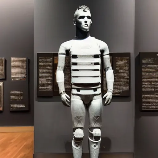 Prompt: “a realistic detailed photo of a guy who is an attractive humanoid who is half robot and half humanoid, who is a male android, baseball player Mike Trout, shiny skin, posing like a statue, blank stare, mouth agape, at a museum, on display”