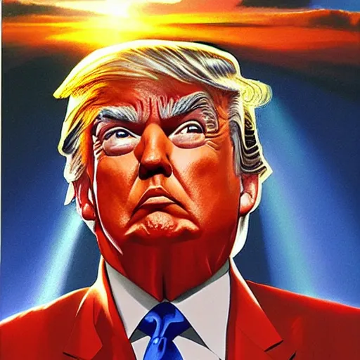 Image similar to alex ross painting of donald trump, sun rays, glorious, victory, usa, heroic