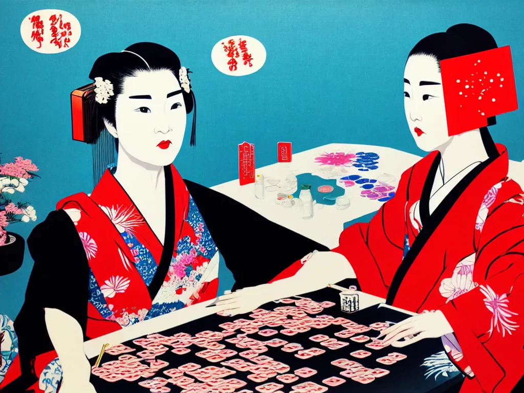 Image similar to hyperrealism composition of the detailed woman in a japanese kimono sitting at a poker table with darth vader, fireworks, picture of mountains in the background, pop - art style, jacky tsai style, andy warhol style, ukiyo e, acrylic on canvas