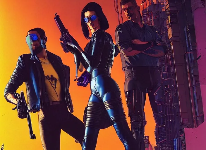 Image similar to cyberpunk hitmen. portrait by stonehouse and mœbius and will eisner and gil elvgren and pixar. character design. realistic proportions. cyberpunk 2 0 7 7 character art, blade runner 2 0 4 9 concept art. cel shading. attractive face. thick lines. the team. diverse characters. artstationhq.