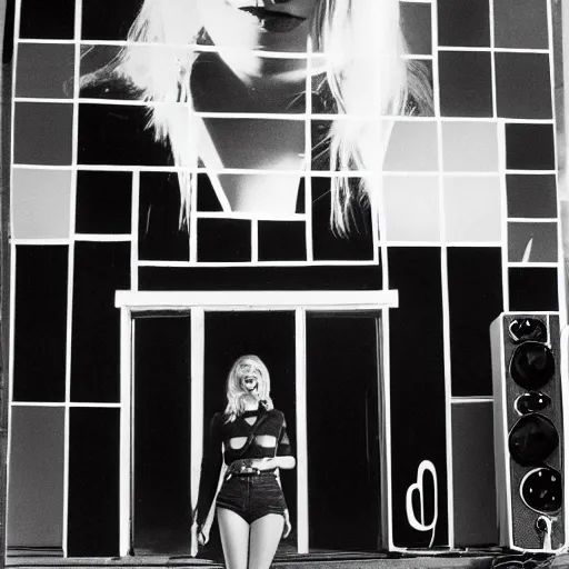 Prompt: stunning symmetrical portrait of beautiful smiling brigitte bardot in front of a tall synthesizer music studio, high contrast grainy blank and white photography print ilford warm tone, huge modular synthesizer moog