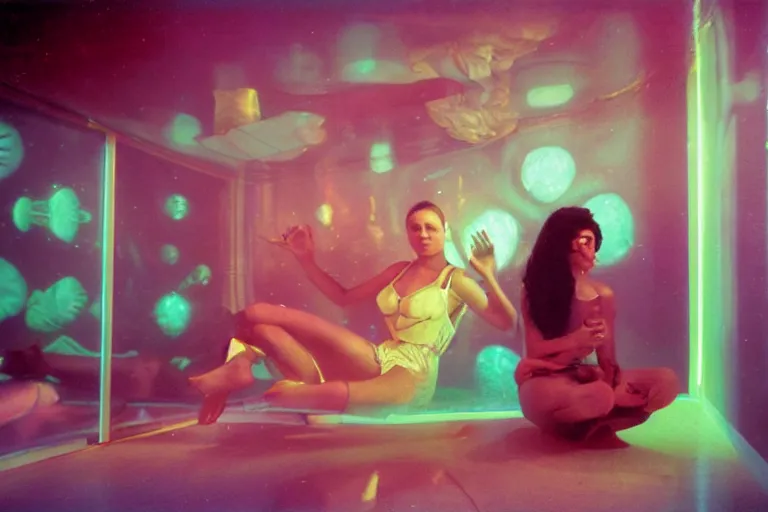 Prompt: closeup view of young woman wearing discowear sitting inside of a unlit lit large 1970s luxury underwater cabin with a soviet computer console on the wall and suspended fireplace in living room, large windows, an exterior of deep-sea bioluminescent fish species and faint shark head, ektachrome photograph, volumetric lighting, f8 aperture