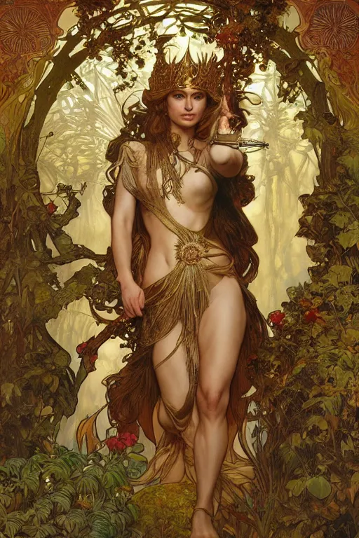 Prompt: natalie portman as queen of the jungle, running, full figure, painted by nekro, alphonse mucha, dark - fantasy, intricate detail, artstation, cgsociety, rococo, gold leaf art