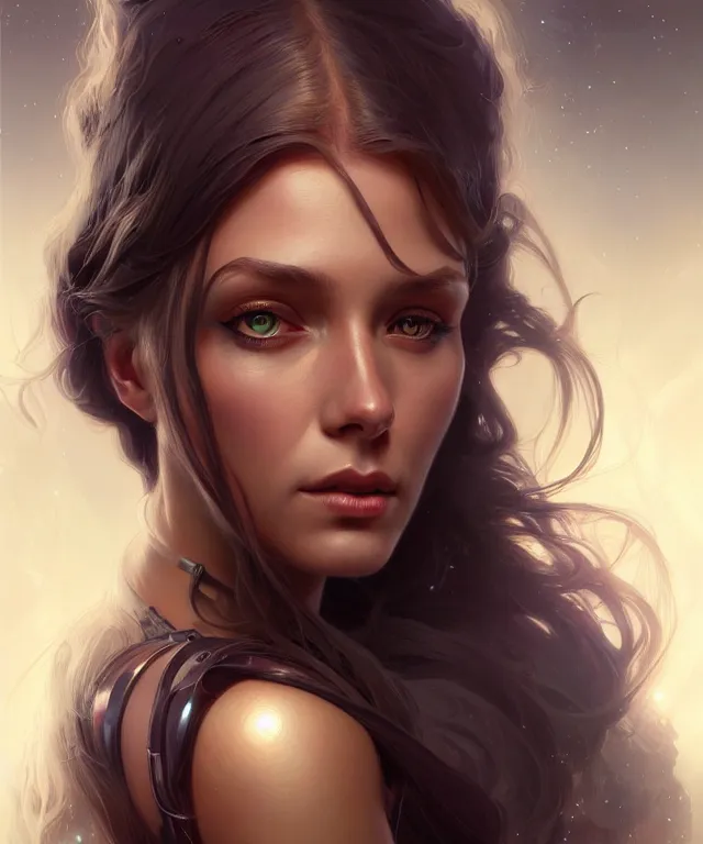 Image similar to futuristic young woman portrait, sci-fi, amber eyes, face, long hair, fantasy, intricate, elegant, highly detailed, digital painting, artstation, concept art, smooth, sharp focus, illustration, art by artgerm and greg rutkowski and alphonse mucha