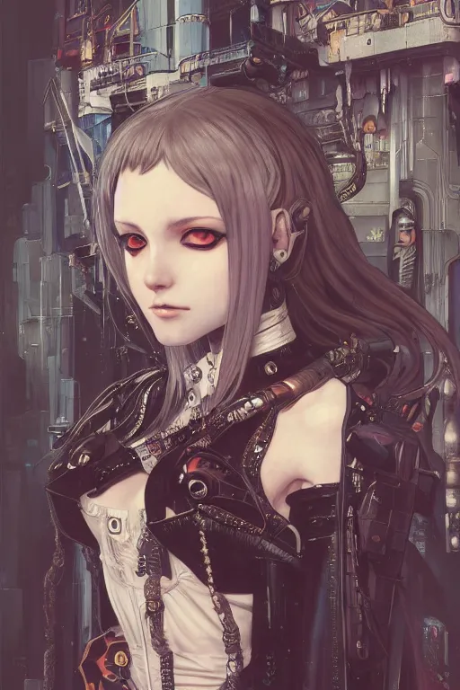 Prompt: portrait of beautiful young gothic maiden, cyberpunk, Warhammer, highly detailed, artstation, illustration, art by Gustav Klimt and Range Murata and Ilya Kuvshinov and Katsuya Terada