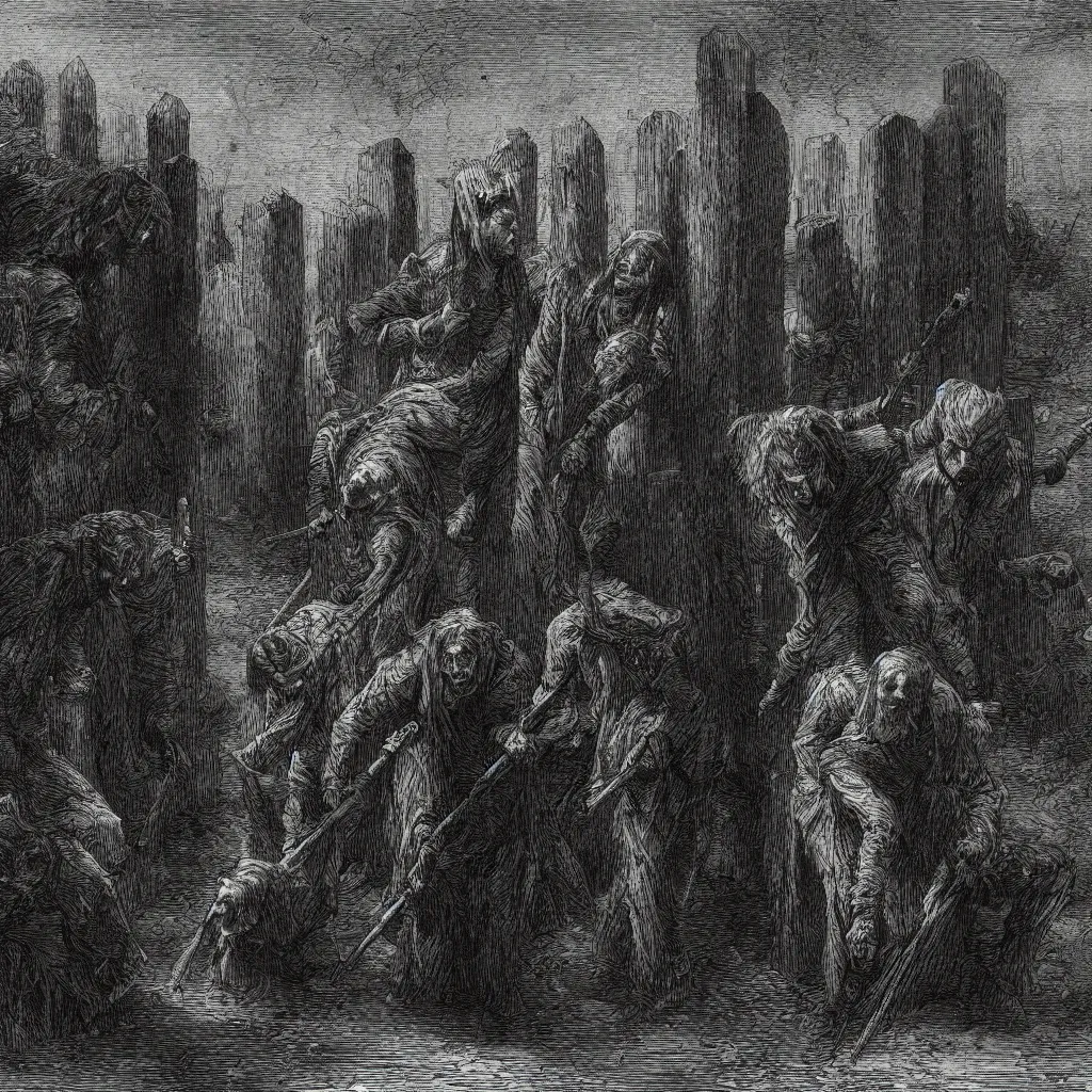 Image similar to nine steel barrels in a graveyard with 2 zombies, creepy atmosphere, dark, portrait, realistic, very realistic, illustration by gustave dore