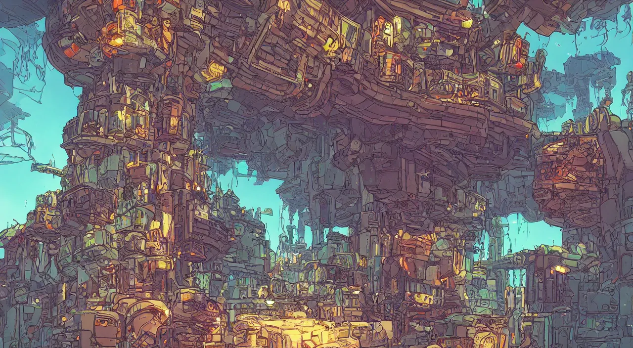 Image similar to open door wood wall fortress airship greeble block amazon jungle on portal unknow world ambiant fornite colorful that looks like it is from borderlands and by feng zhu and loish and laurie greasley, victo ngai, andreas rocha, john harris