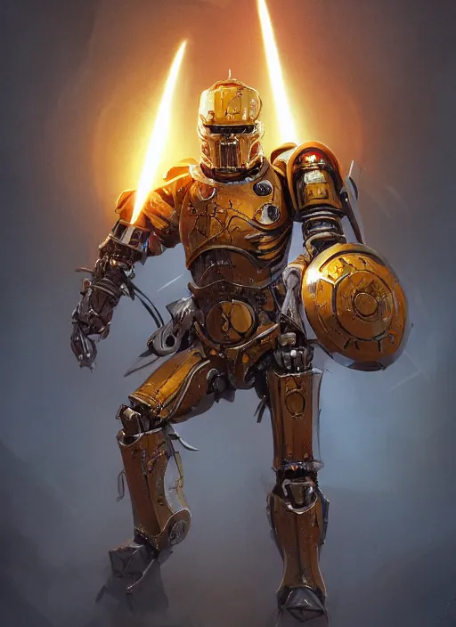 Image similar to full body, dynamic attack position abstract portrait of a intricate glorious holy mechanical warforged character in yellow armor holding a paladin engraved great longsword drawn and carrying a big paladin shield, glowing red eye, face in focus, pit droid, epic , trending on ArtStation, masterpiece, cinematic lighting, by Ross Tran and by Greg Rutkowski