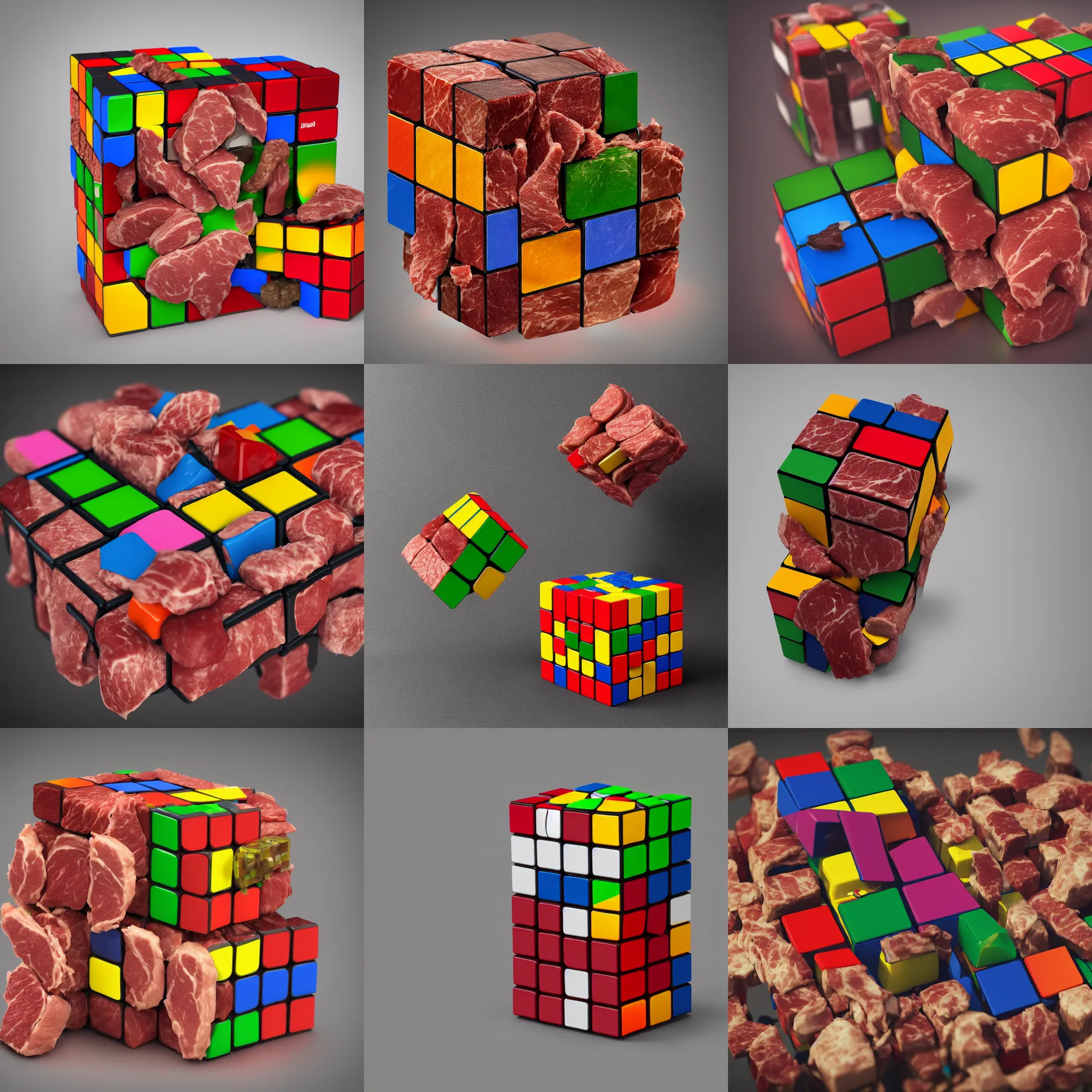 Prompt: A Rubik's Cube made from different types of meat, product render, high resolution photography, Octane 4K