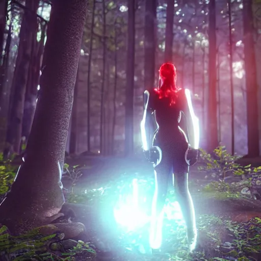 Prompt: a girl in the woods, wearing futuristic clothes, with a red bright orb shining above her, unreal engine 4k detailed