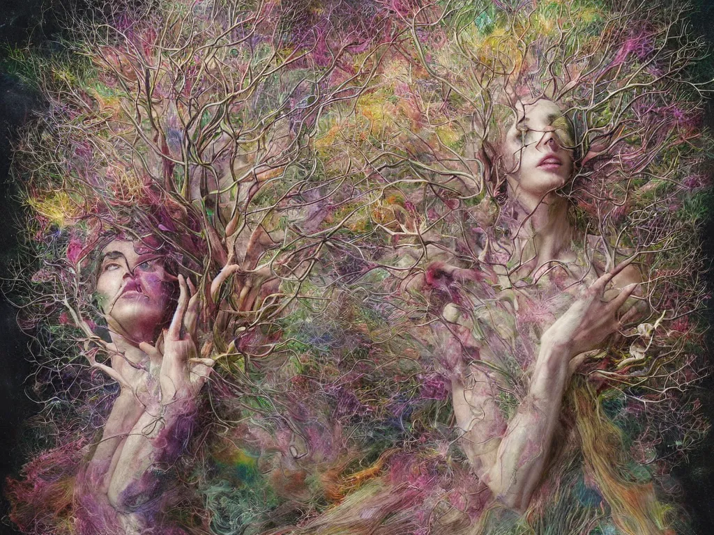 Prompt: a artistic multicalors zoom out picture with singular human -tree with crown like mycelium blossom branches highly detailed by Agostino Arrivabene, by Agnes Cecile and by Abbott Fuller Graves