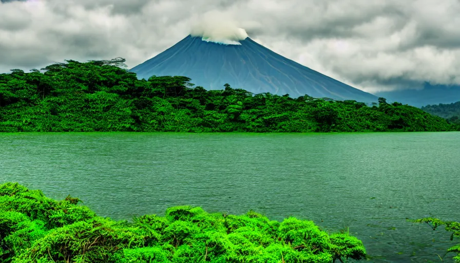 Image similar to a beautiful green scene, guatemalan lake full of water, volcano in background, high definition, beautiful award winning photography, 8 k.