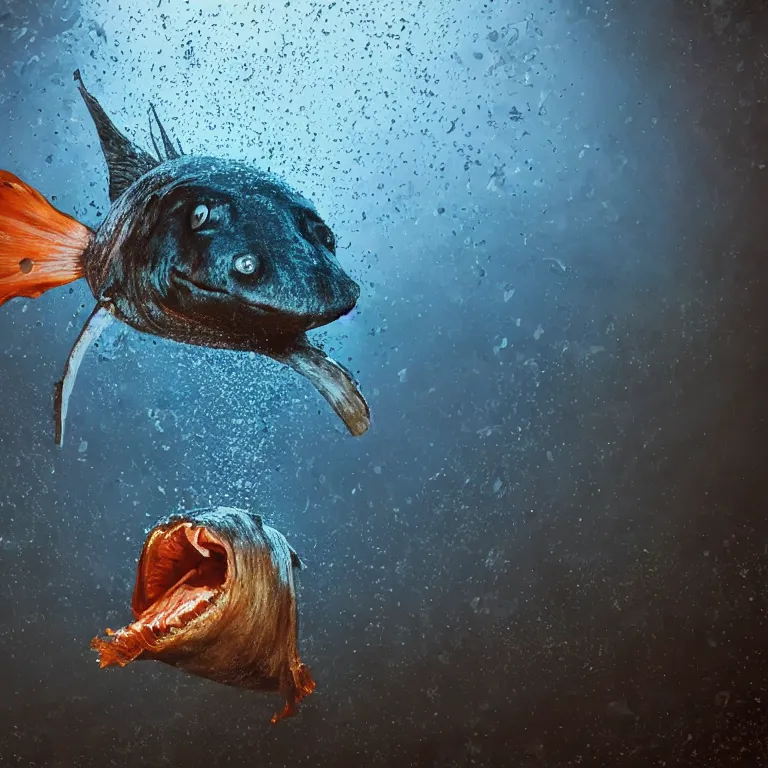 Prompt: Realistic Studio Photograph of a deep sea anglerfish deep underwater, award-winning nature deep sea photography hyperrealism 8k