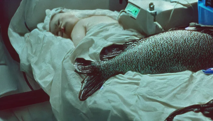 Image similar to 7 0 s movie still of a fish with human head in hospital, cinestill 8 0 0 t 3 5 mm technicolor, heavy grain, high quality, high detail