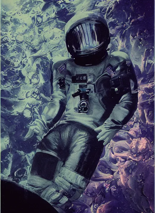 Image similar to astronauts in dark and empty void underwater - complex composition and hyperdetailed technical suit. reflection and dispersion materials. rays and dispersion of light. volumetric light. 5 0 mm, f / 3 2. noise film photo. flash photography. ultra realistic, wide angle. poster by wayne barlowe, hajime sorayama aaron horkey, craig mullins. polaroid.