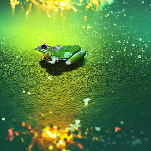 Prompt: green frog swimming in a glowing bright swamp at night, photorealistic render, bloom, bokeh blur, simulated, unreal engine, cgsociety