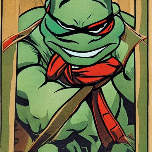 Prompt: a teenage mutant ninja turtle by Mucha.