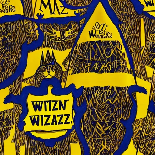 Image similar to cat wizards dressed in yellow raincoats. A banner that reads 'Wiz Biz only, Fools' adorns the back wall. Hypermaximalistic, hyper detailed 4k resolution photo realistic