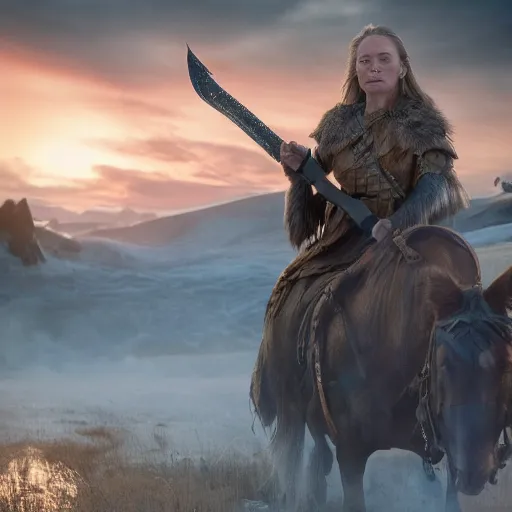 Image similar to an old norse queen going to war with her army, golden hour, 8 k uhd, awe - inspiring.