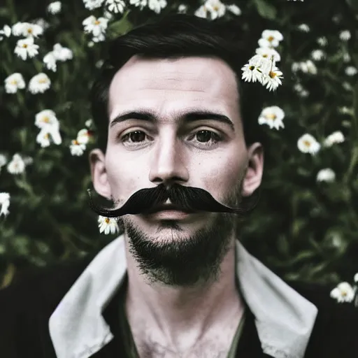 Image similar to photo portrait of a man with a moustache no beard standing in front of flowers, tumblr contest winner, aestheticism, masculine, aesthetic