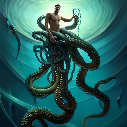 Prompt: a dream fantasy painting of a man trapped by a tentacles of a giant octopus in the deep of the ocean, by beksinki, giger, greg rutkowski, carne griffith trending on artstation, deviantart, photorealism