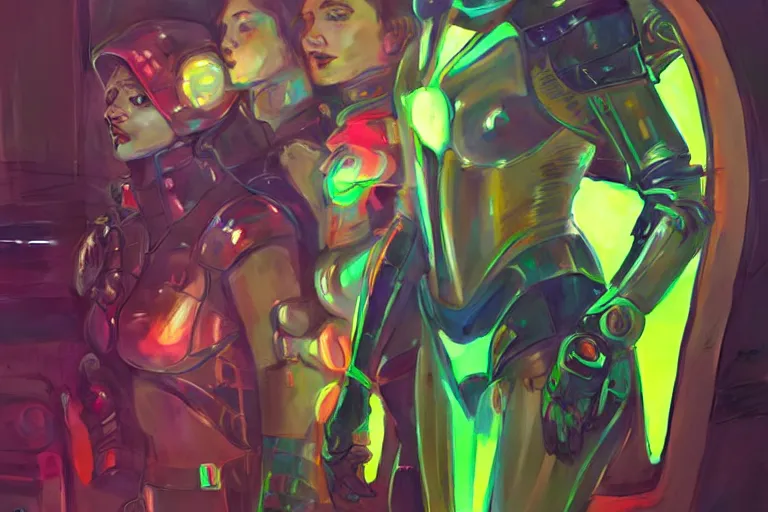 Image similar to Exhausted good looking young women wearing neon colored armour suits in a space station, elegant, intricate, retrofuturistic digital painting, artstation, concept art, smooth, sharp focus, illustration, art by artgerm and greg rutkowski and alphonse mucha