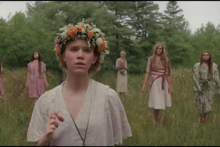 Image similar to vhs 1 9 8 0 s cinema footage scene from the movie midsommar directed by ari aster, film grain