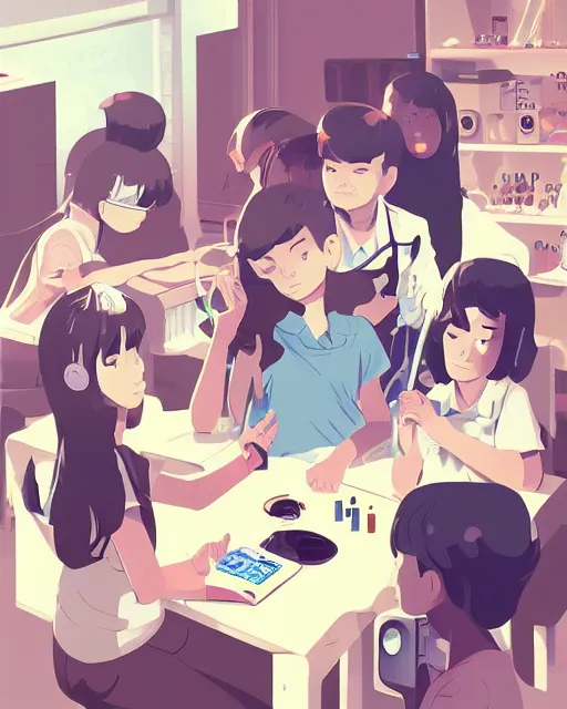 Prompt: children in science lab experiment test tube microscope. clean cel shaded vector art. minimalist illustration art by lois van baarle, artgerm, helen huang by makoto shinkai and ilya kuvshinov, rossdraws