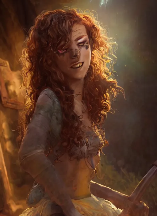 Image similar to an epic fantasy comic book style portrait painting of a girl wearing fantasy makeup with a mischievous smile and curly brown hair stepping out of a doorway with light shining behind her, unreal 5, daz, hyperrealistic, octane render, cosplay, rpg portrait, dynamic lighting