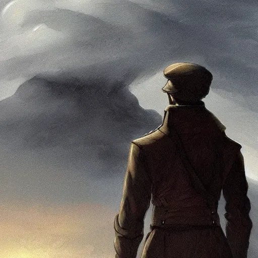 Prompt: dark-skinned man standing tall on a cliff fog clouds clothed in military uniform holding sword in the style of CASPAR DAVID FRIEDRICH atmosphere colourful beautiful image artstation deviantart acrylic