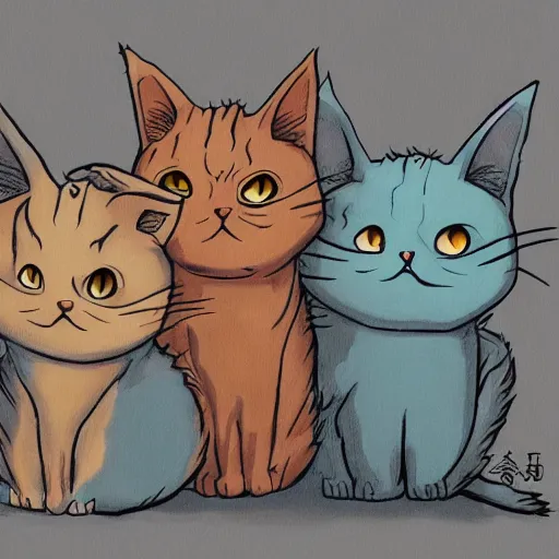 Image similar to cats created by cartoonist Hayao Miyazaki , trending on Artstation