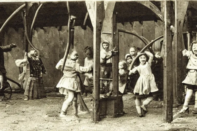 Image similar to a very old photo of kids having fun at playground in medieval times