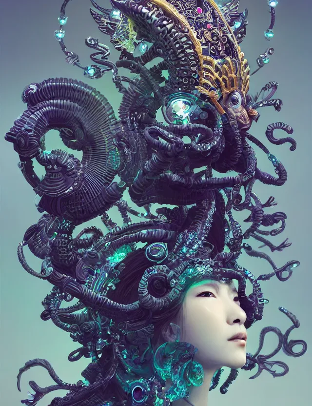 Image similar to 3 d goddess close - up profile portrait with crown, ram skull. beautiful intricately detailed cyberpunk japanese crow kitsune mask and clasical japanese kimono. betta fish, jellyfish phoenix, bio - luminescent, plasma, ice, water, wind, creature, artwork by tooth wu and wlop and beeple and greg rutkowski