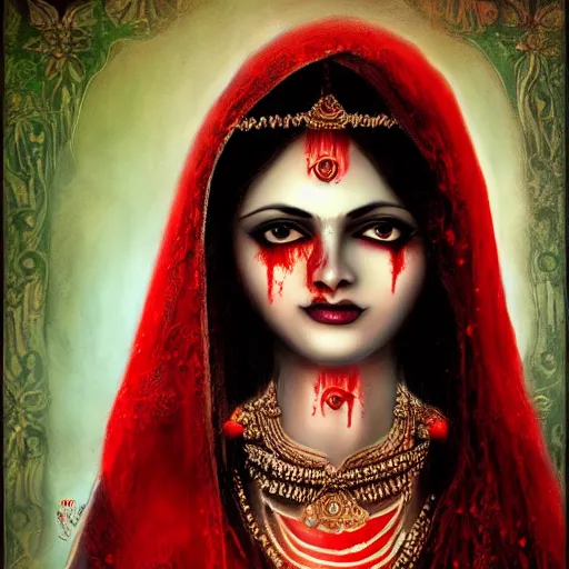 Image similar to beautiful Hindu lady of the dark with veil, cover with blood, horror, soft light, realistic, photorealistic, ultra detailed, high definition, full HD, 8k