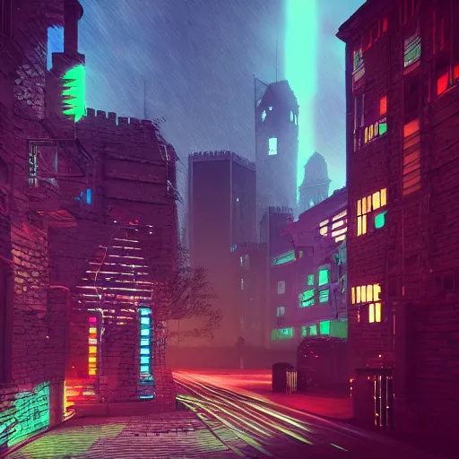 Prompt: cyberpunk landscape of medieval london with a castle. neon. night scene. glow. digital art. octane render.