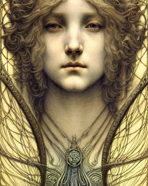 Image similar to detailed realistic beautiful young medieval queen face portrait by jean delville, gustave dore and marco mazzoni, art nouveau, symbolist, visionary, gothic, pre - raphaelite. horizontal symmetry