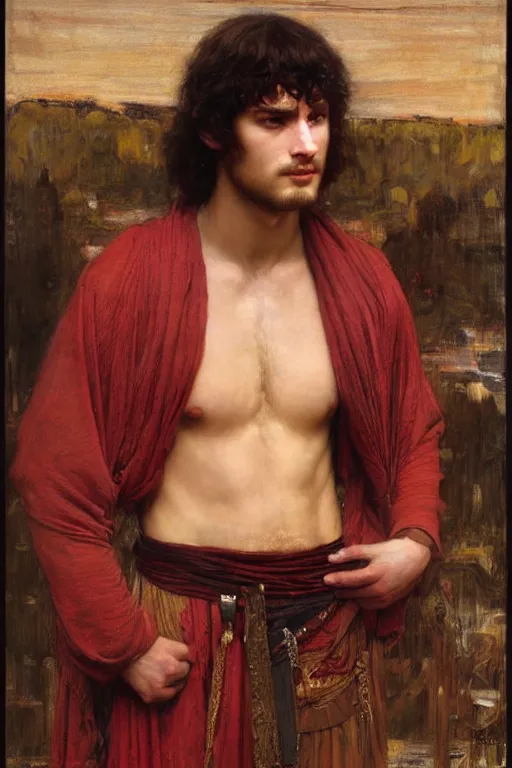 Image similar to attractive male, the lord of the rings, orientalist intricate portrait by john william waterhouse and edwin longsden long and theodore ralli and nasreddine dinet, hyper realism, dramatic lighting