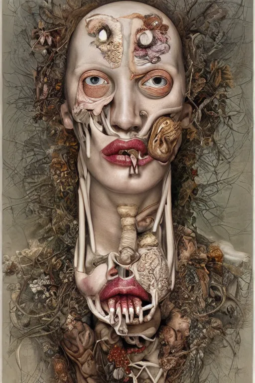 Image similar to Detailed maximalist portrait of a greek god with large lips and eyes, scared expression, botanical anatomy, skeletal with extra flesh, HD mixed media, 3D collage, highly detailed and intricate, surreal illustration in the style of Jenny Saville, dark art, baroque, centred in image