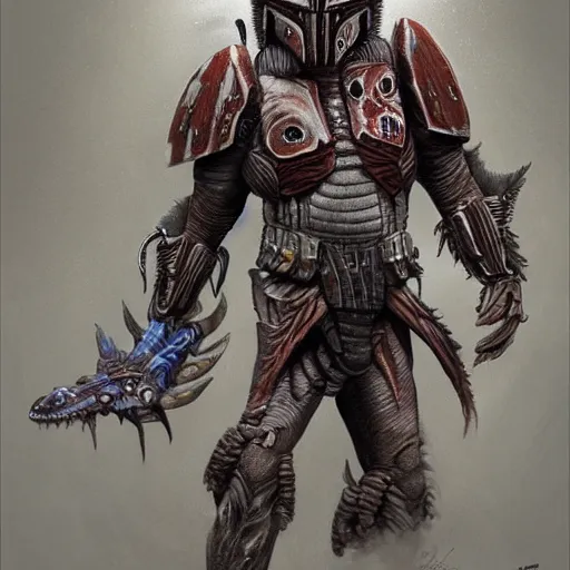 Prompt: a predalorian, yutja, close up concept art mix between a yutja predator from predator movies, prey, alien, and a mandalorian