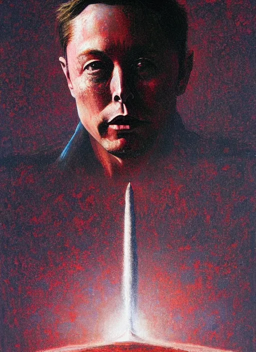 Image similar to A painting of Elon Musk in style of Beksinski. Very detailed