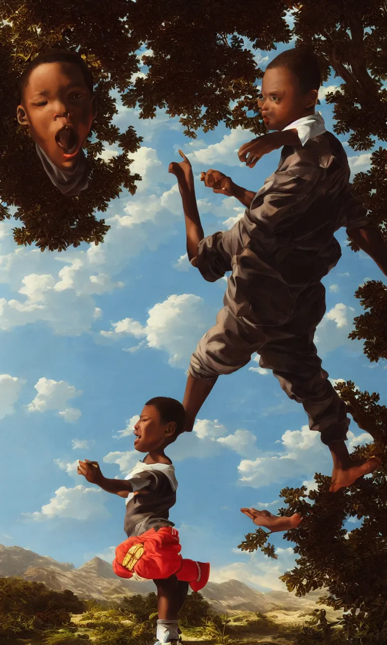 Image similar to a black kid on a florest talking to a bright ghost, pale light, scenic view, hyper realistic, octane render, ultra detailed, a realistic colorful painting by Kehinde Wiley , trending on artstation.